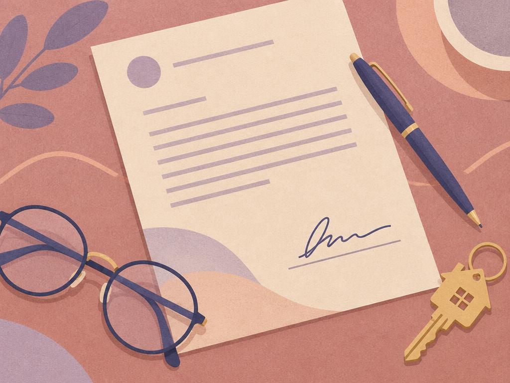 A signed agreement, pen, reading glasses and a gold key