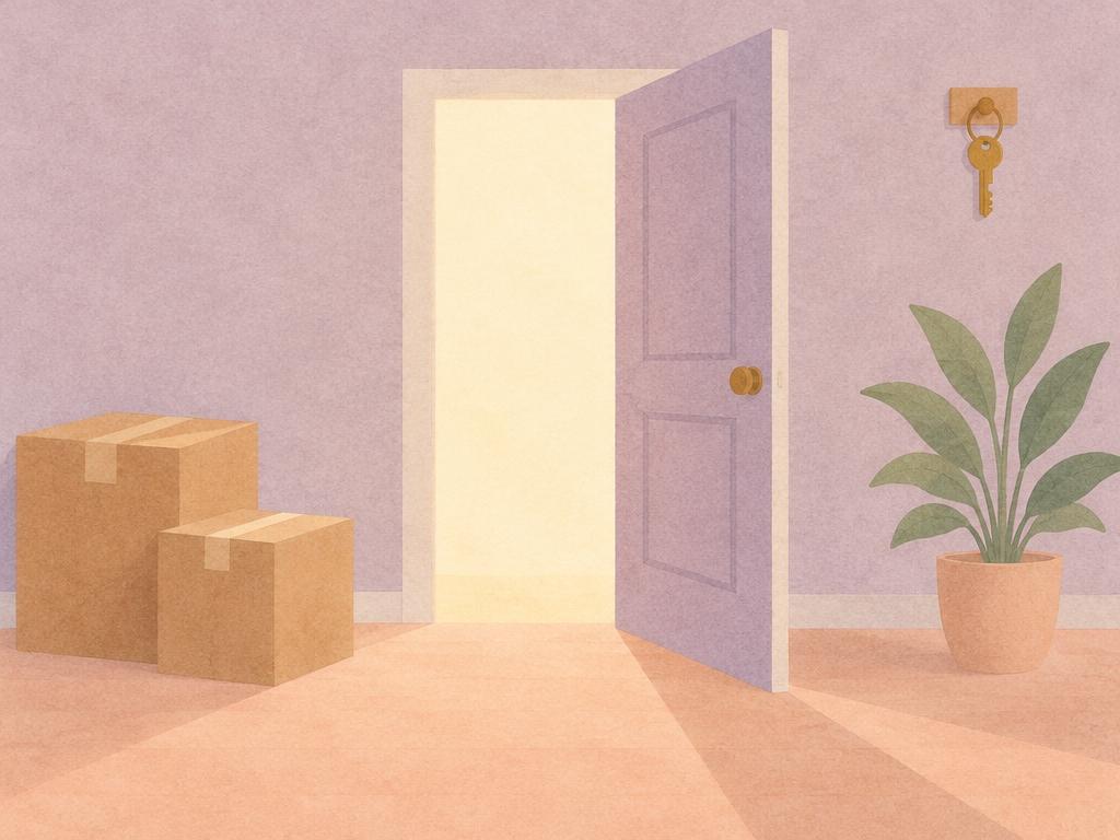 An open door, moving boxes, a plant and a key on a hook